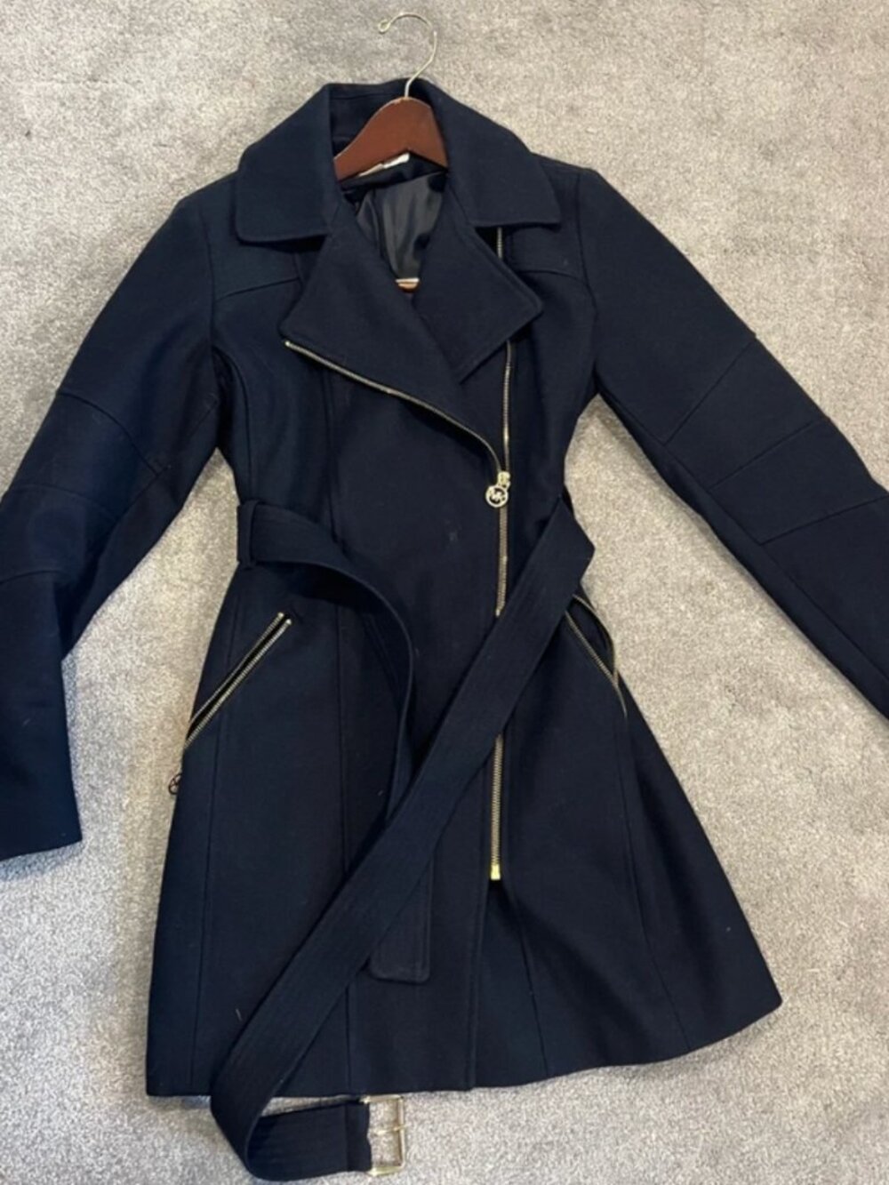 Michael Kors Navy Wool Blend Moto Belted Coat, Size S